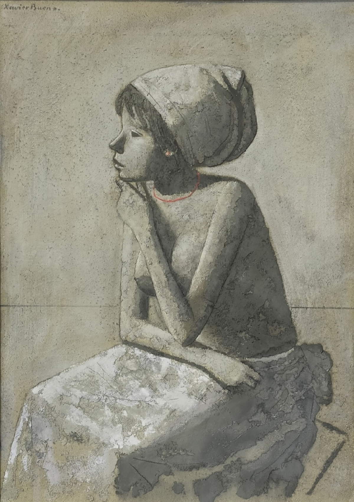 Xavier Bueno, Fille assise au collier rouge (début des années 1970 - 1972, huile et techniques mixtes sur toile, 70 x 50 cm)