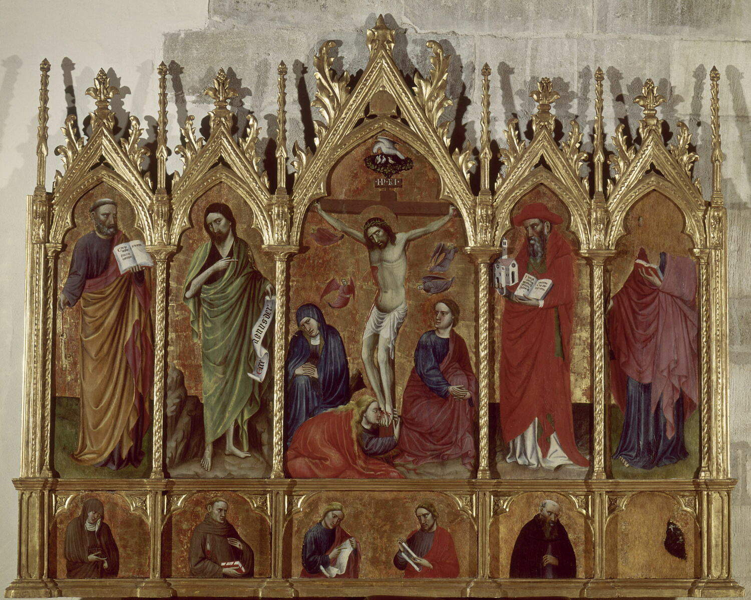 Zanino di Pietro, „Die Kreuzigung und die Heiligen Petrus, Johannes der Täufer, Hieronymus und Jakobus der Ältere“ (Tempera auf Holz, Höhe 124 cm; Paris, Louvre, als Leihgabe im Mus&eacute;e du Petit Palais in Avignon)