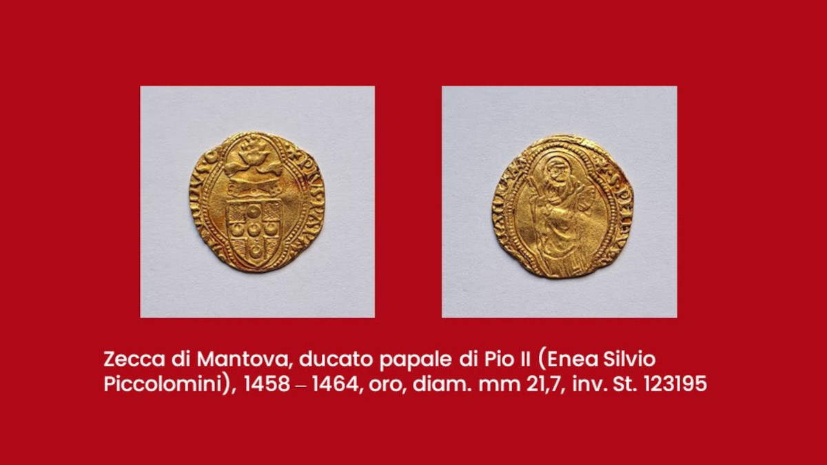 Ceca de Mantua, Ducado pontificio de Pío II (Enea Silvio Piccolomini) (1458 - 1464; oro, diámetro 21,7 mm; inv. St. 123195)