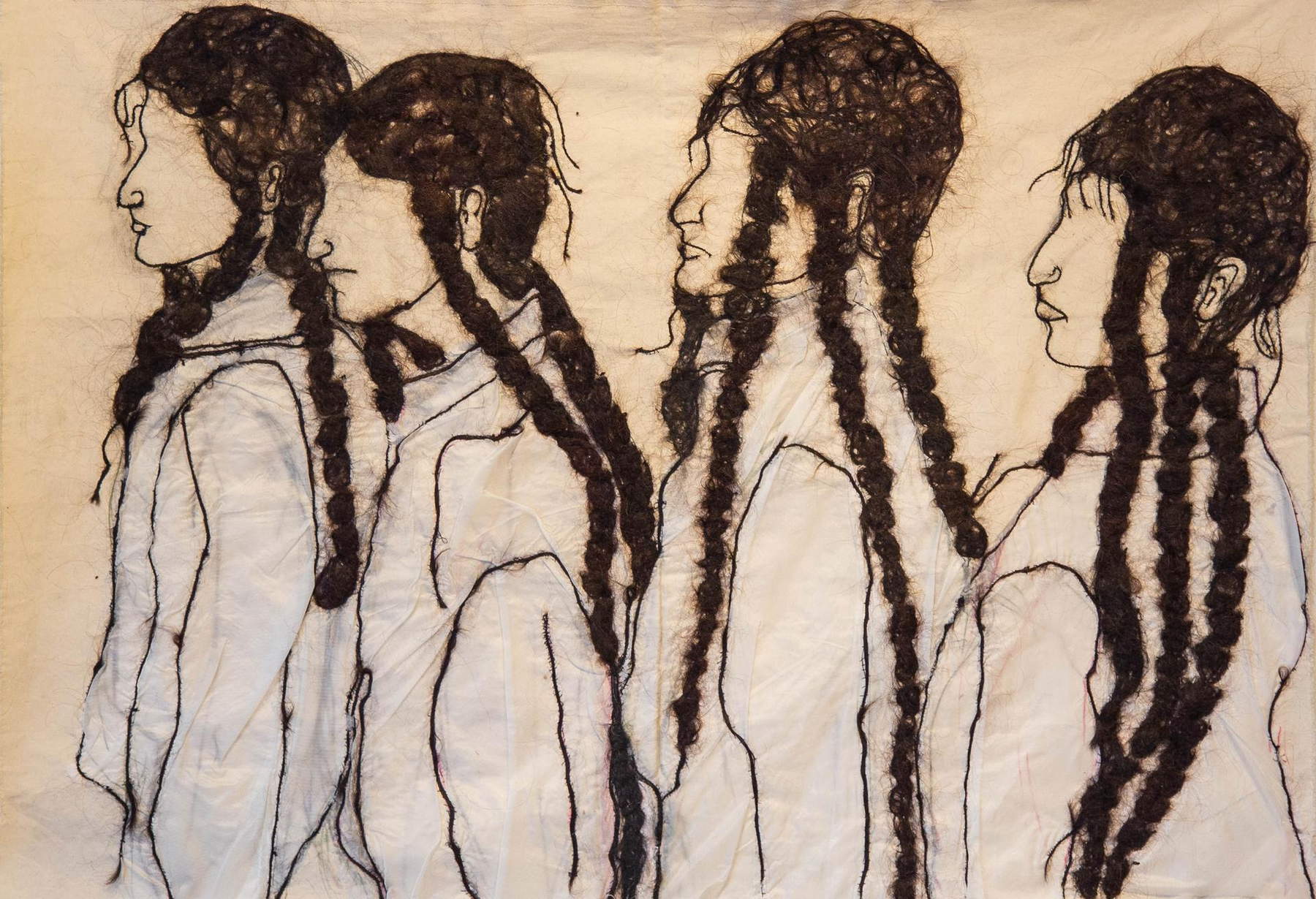 Zehra Doğan, AFTER BINEVŞ (2024; blends and embroidery on fabric, 106 x 148 cm) Courtesy of the artist and Prometeo Gallery, Milan-Lucca. Photo: Lily Wolfe