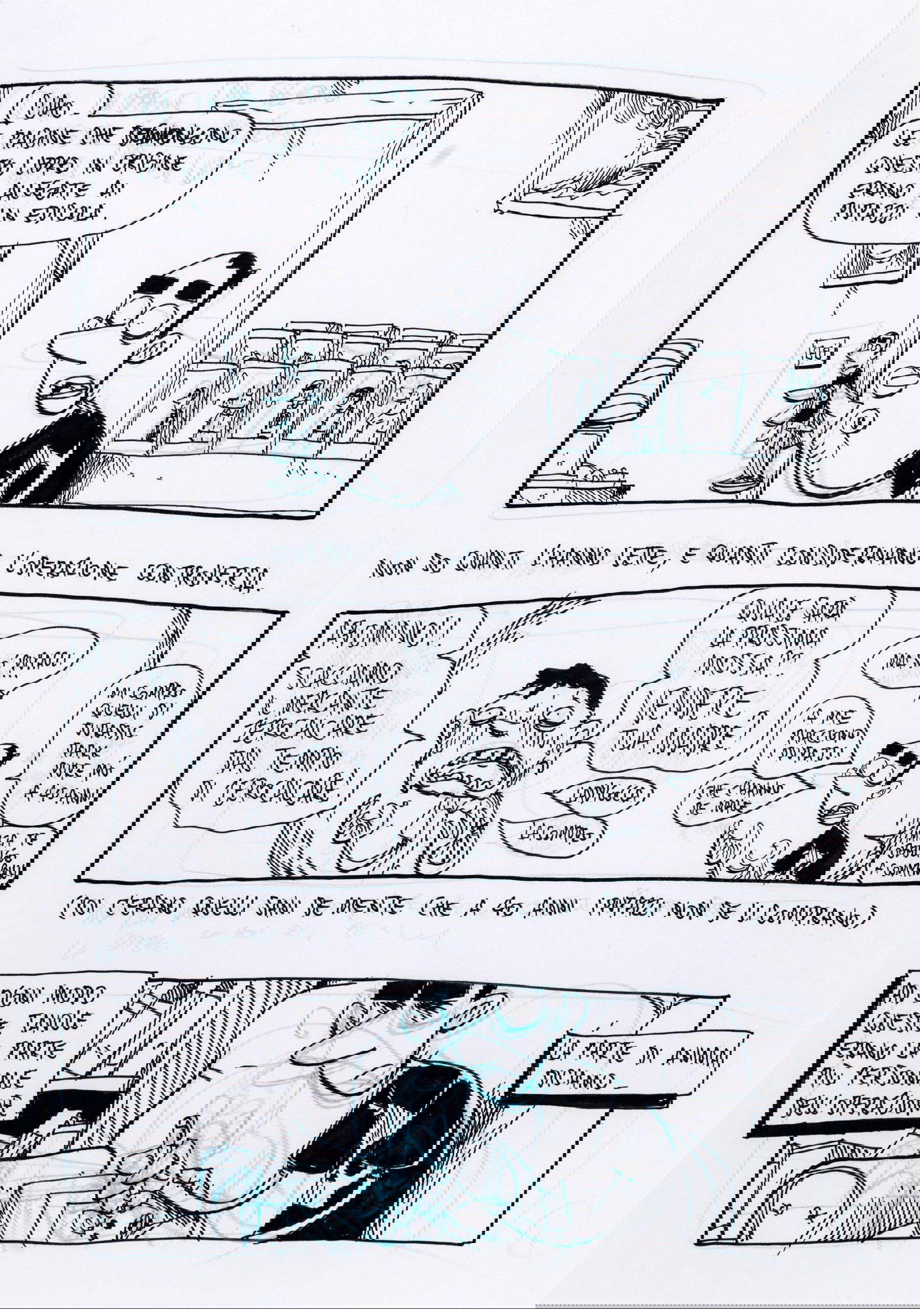 Zerocalcare (Michele Rech), Enciclopaedia Calcarea: Guida ragionata all'universo di Zerocalcare, lote 51 (2023; pastel y tinta china sobre papel, 30 x 42 cm) Panel original creado por Zerocalcare para el volumen Enciclopaedia Calcarea: Guida ragionata all'universo di Zerocalcare, publicado por BAO Publishing en 2023. Ligeras arrugas. Muy raro. Base subasta 500 &euro;; Estimación 500 - 1.000