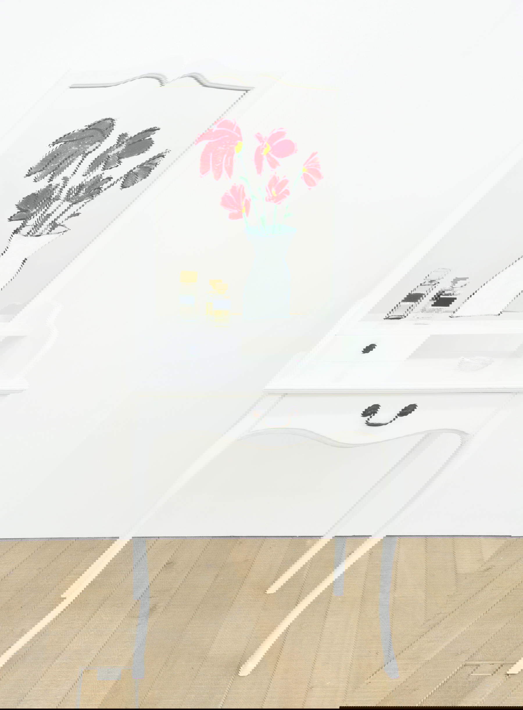 Zilla Leutenegger, Vanity (2018; installation consisting of a monotype (oil on polished chrome steel) and three objects (wooden dressing table, bottle and glass ashtray)) &copy; Courtesy of the artist &amp; Galerie Peter Kilchmann, Zurich/Paris