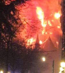 Amsterdam, the Vondelkerk, an important neo-Gothic church, on fire: possibly a firework
