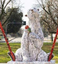 A paper mache polar bear welcomes Milan Cortina 2026 at the Triennale