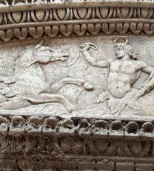 Appia Antica Park, marble tympanum with marine frieze will be restored with open construction site 